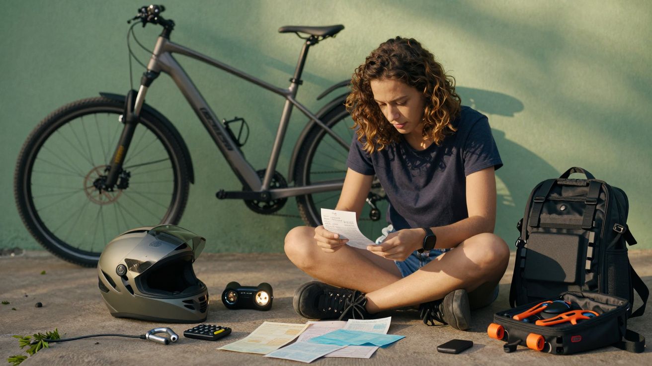 Pessoa sentada no chão ao lado de uma bicicleta, capacete e mapa, olhando para um papel sob luz solar.