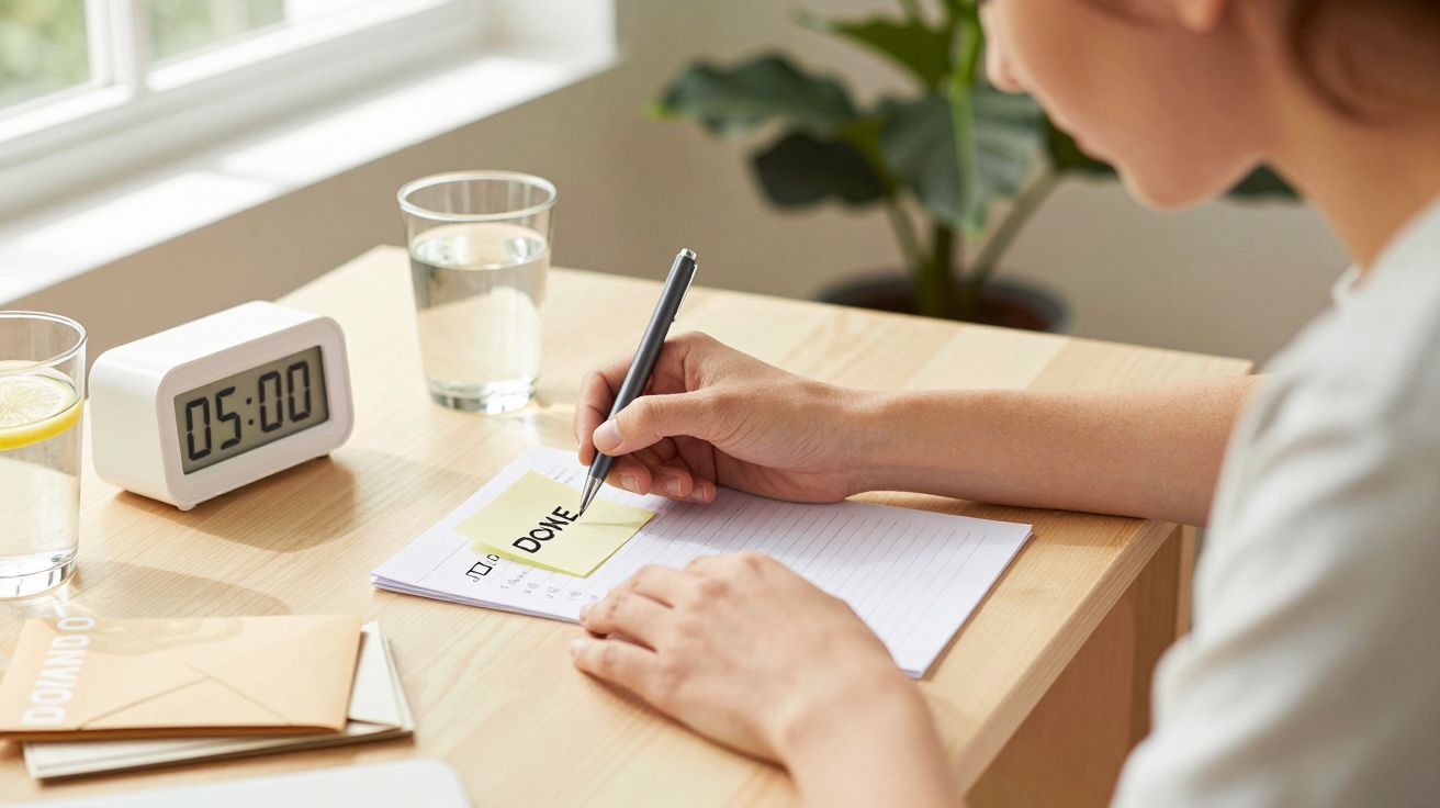 Mulher escreve "DONE" num bloco de notas em secretária com relógio marcando 5:00 e copos de água.