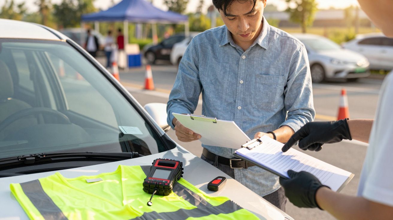 Homem a preencher formulários junto a um carro com colete refletor e equipamento num parque de estacionamento.