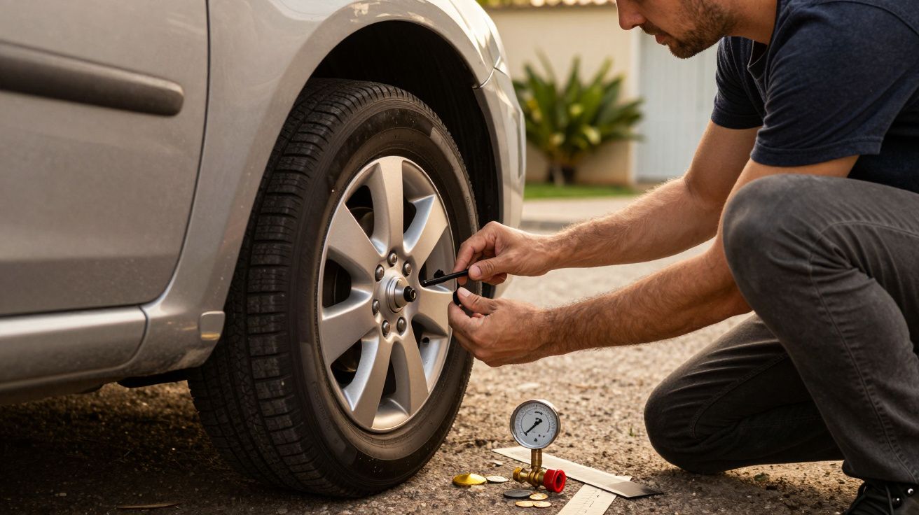 Homem verifica a pressão do pneu de um carro prateado com manómetro num dia ensolarado.