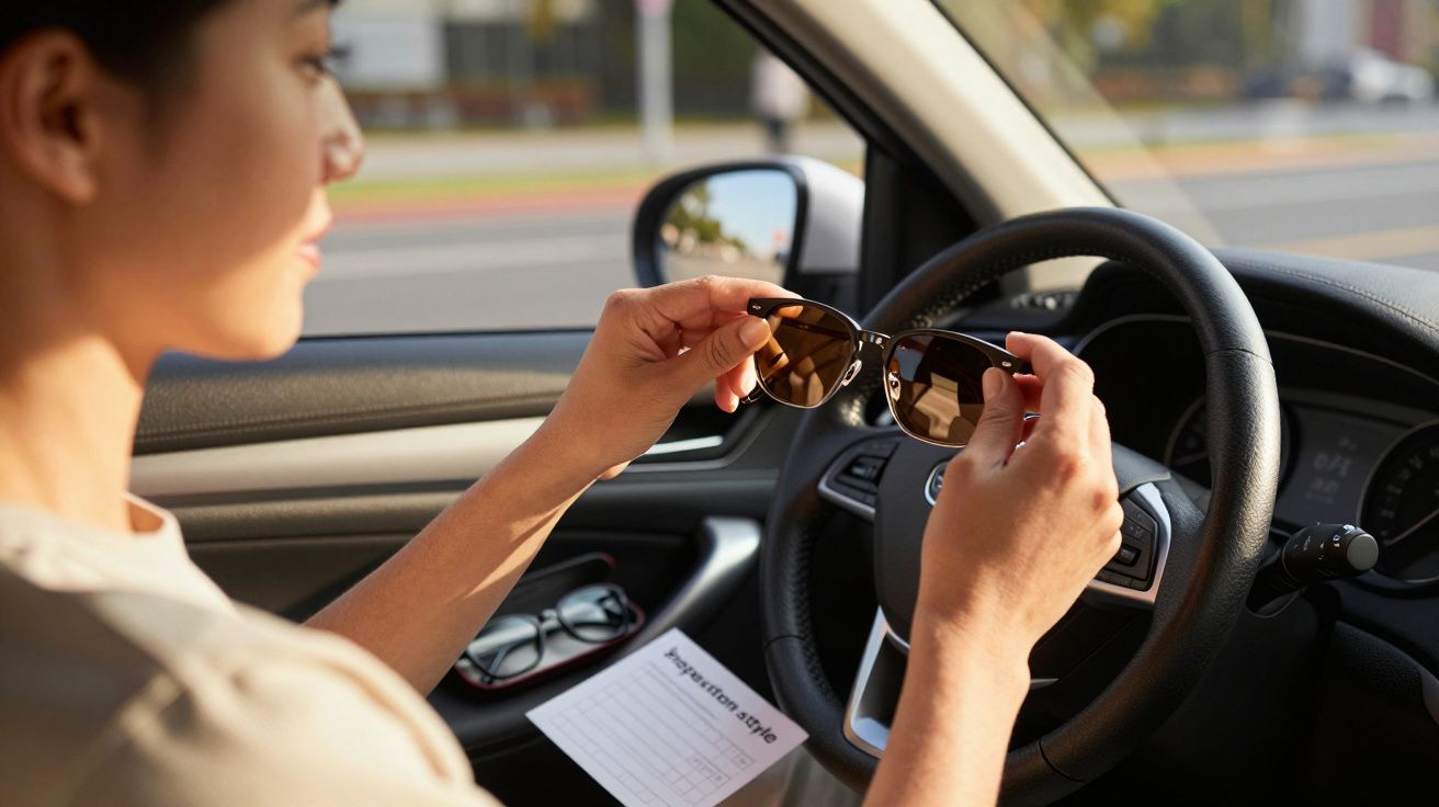 Pessoa no carro segurando óculos de sol, volante visível à direita.