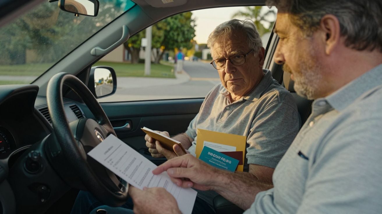 Dois homens sentados num carro, um segurando papéis e olhando para o outro, discutem algo com expressão séria.