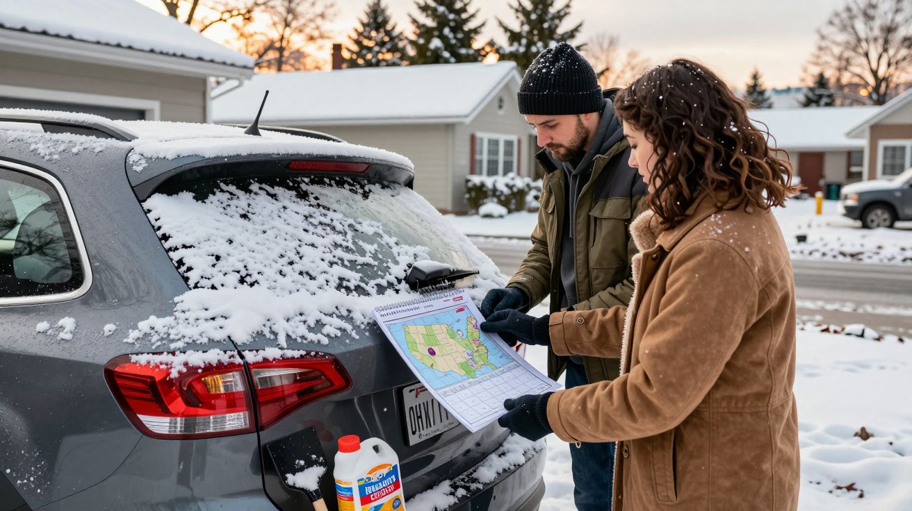 Homem e mulher examinando mapa sobre carro coberto de neve, com casas ao fundo.
