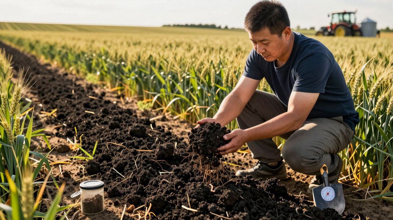 Agricultor analisando solo em campo de trigo com trator ao fundo, segurando terra na mão.