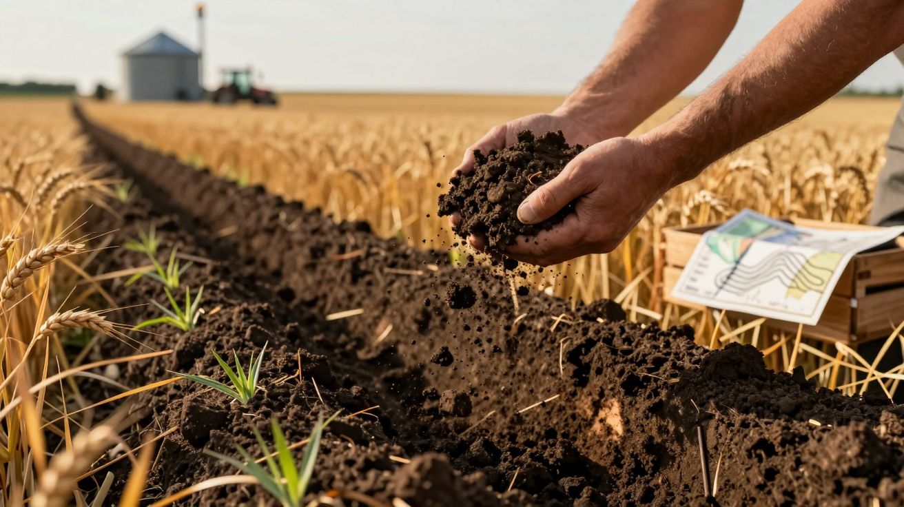 Mãos analisam solo em campo de trigo, com palha e equipamentos agrícolas ao fundo.