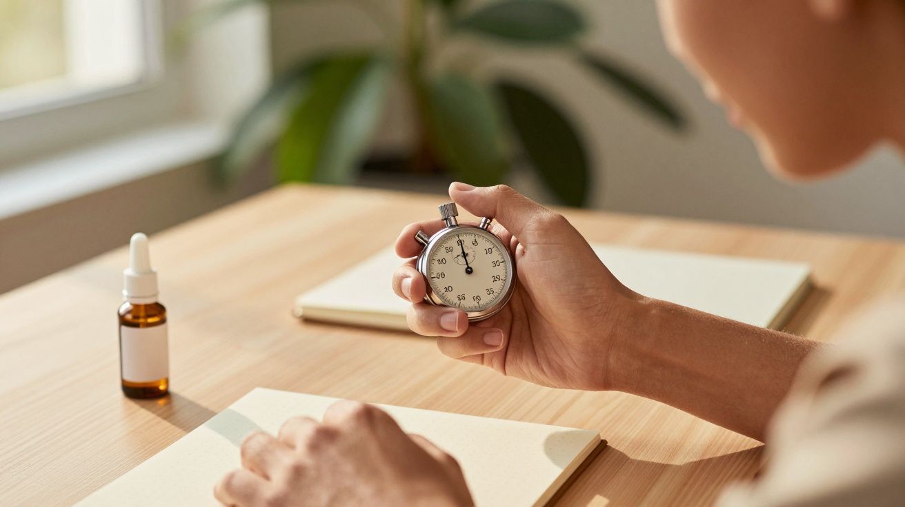 Pessoa a segurar um cronómetro sobre uma mesa de madeira com cadernos e um frasco.