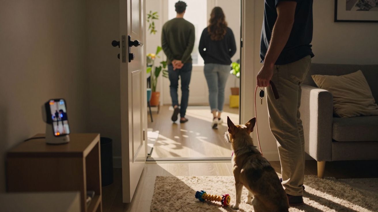 Homem segura trela enquanto cão observa casal sair de casa iluminada pelo sol.