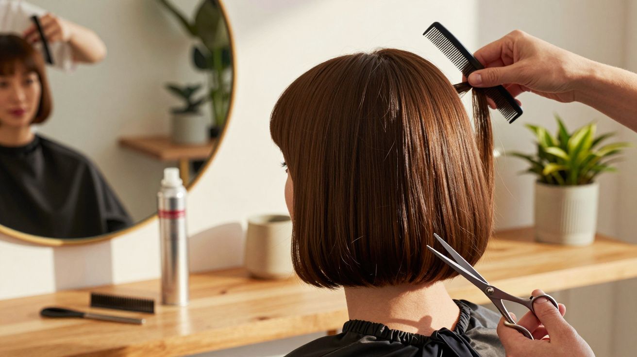 Pessoa com cabelo castanho a ser cortado por cabeleireiro num salão iluminado.