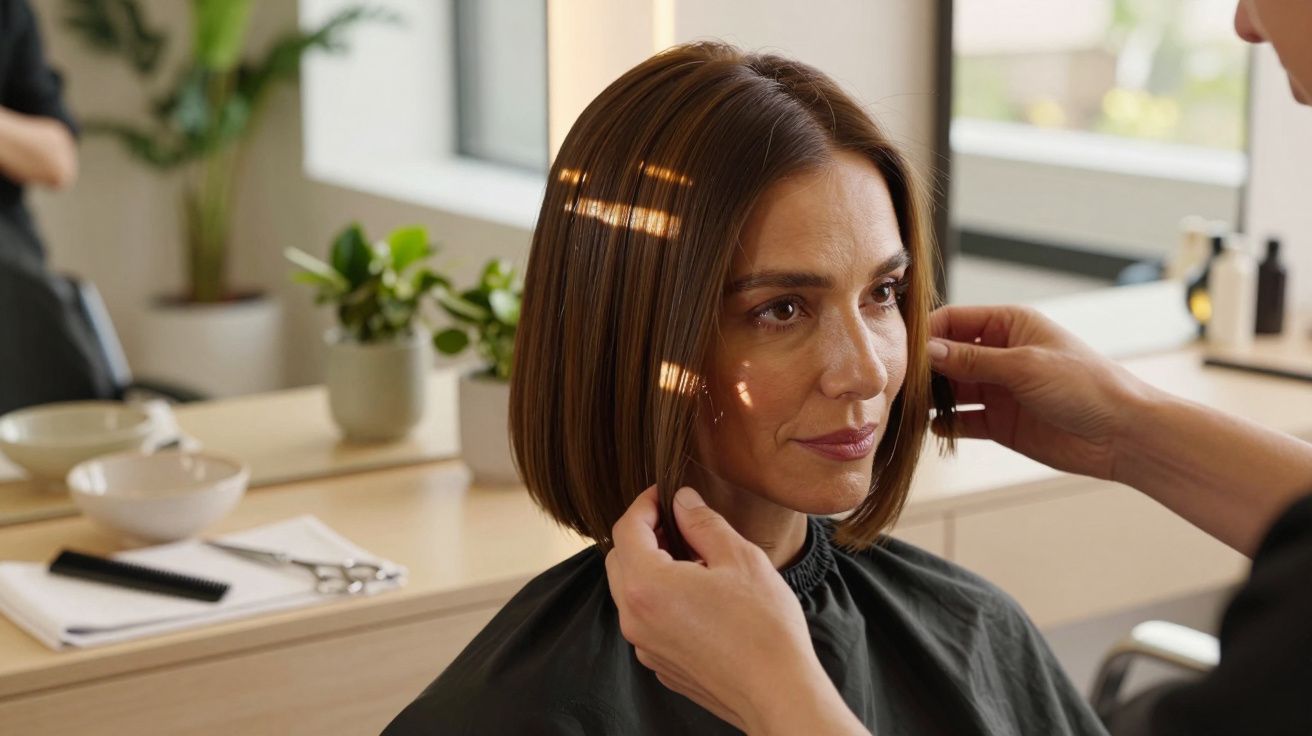 Mulher num cabeleireiro, estilista ajusta seu cabelo castanho na frente de um espelho, ambiente moderno e iluminado.