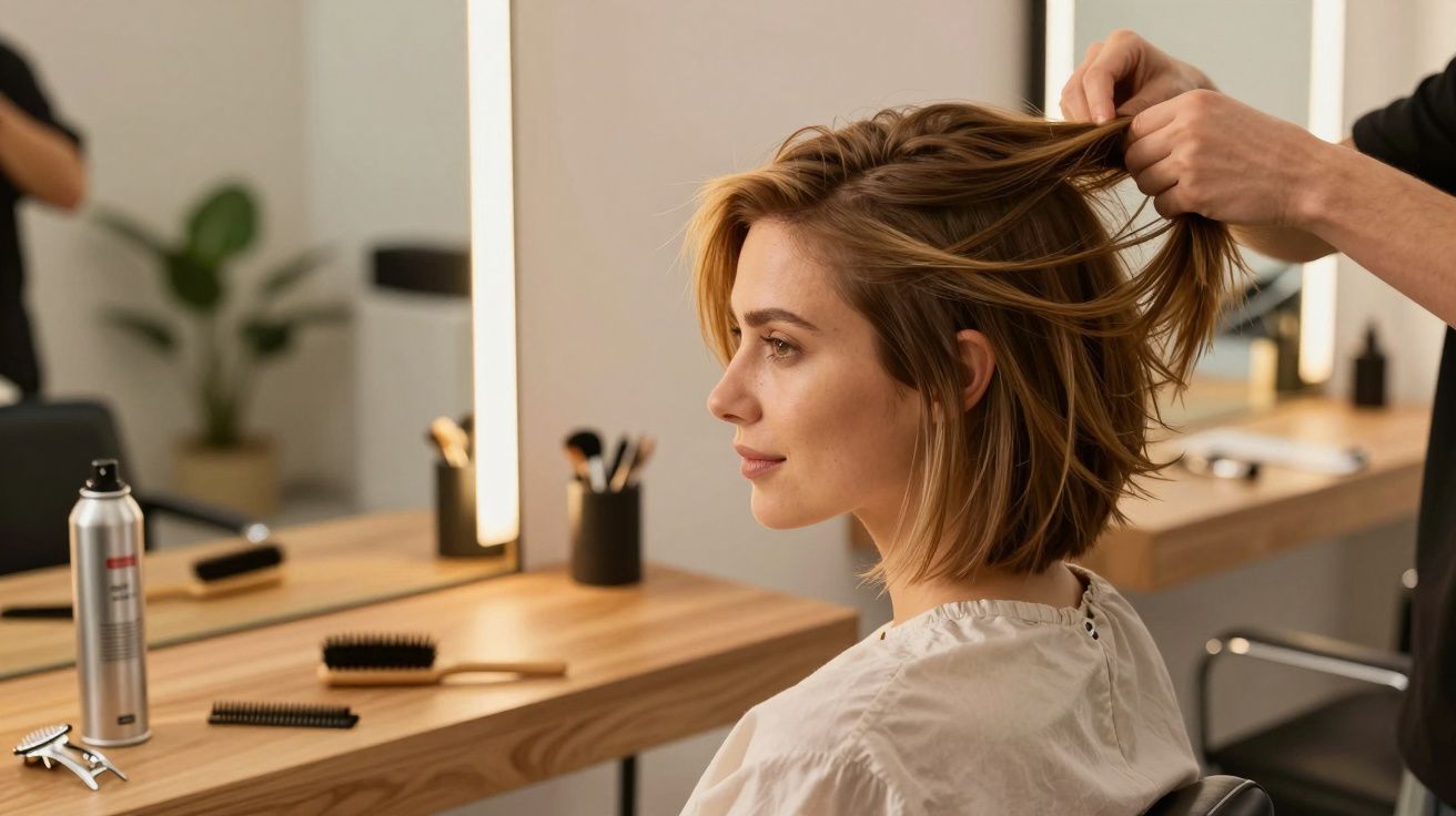 Mulher de cabelo curto recebe tratamento capilar num salão moderno com espelhos iluminados e produtos de beleza.