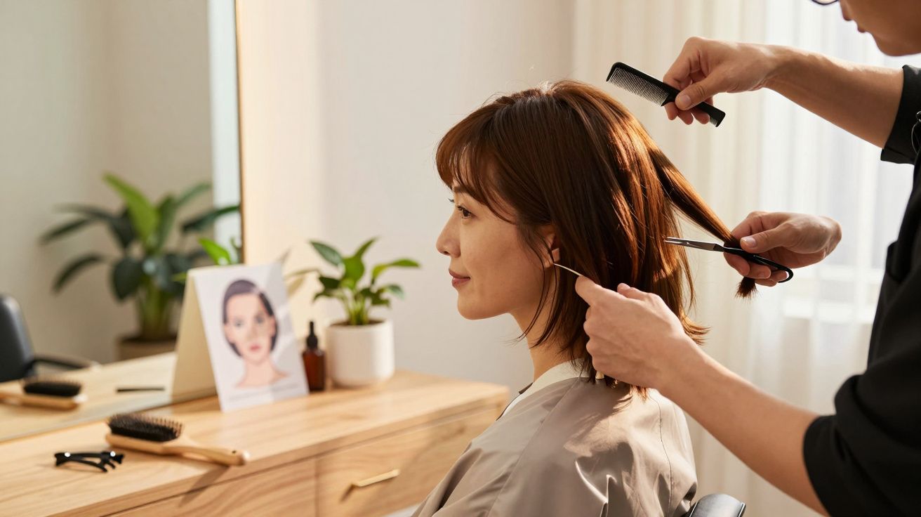 Mulher no cabeleireiro, cabelo castanho a ser cortado com tesoura perto de espelho e plantas.