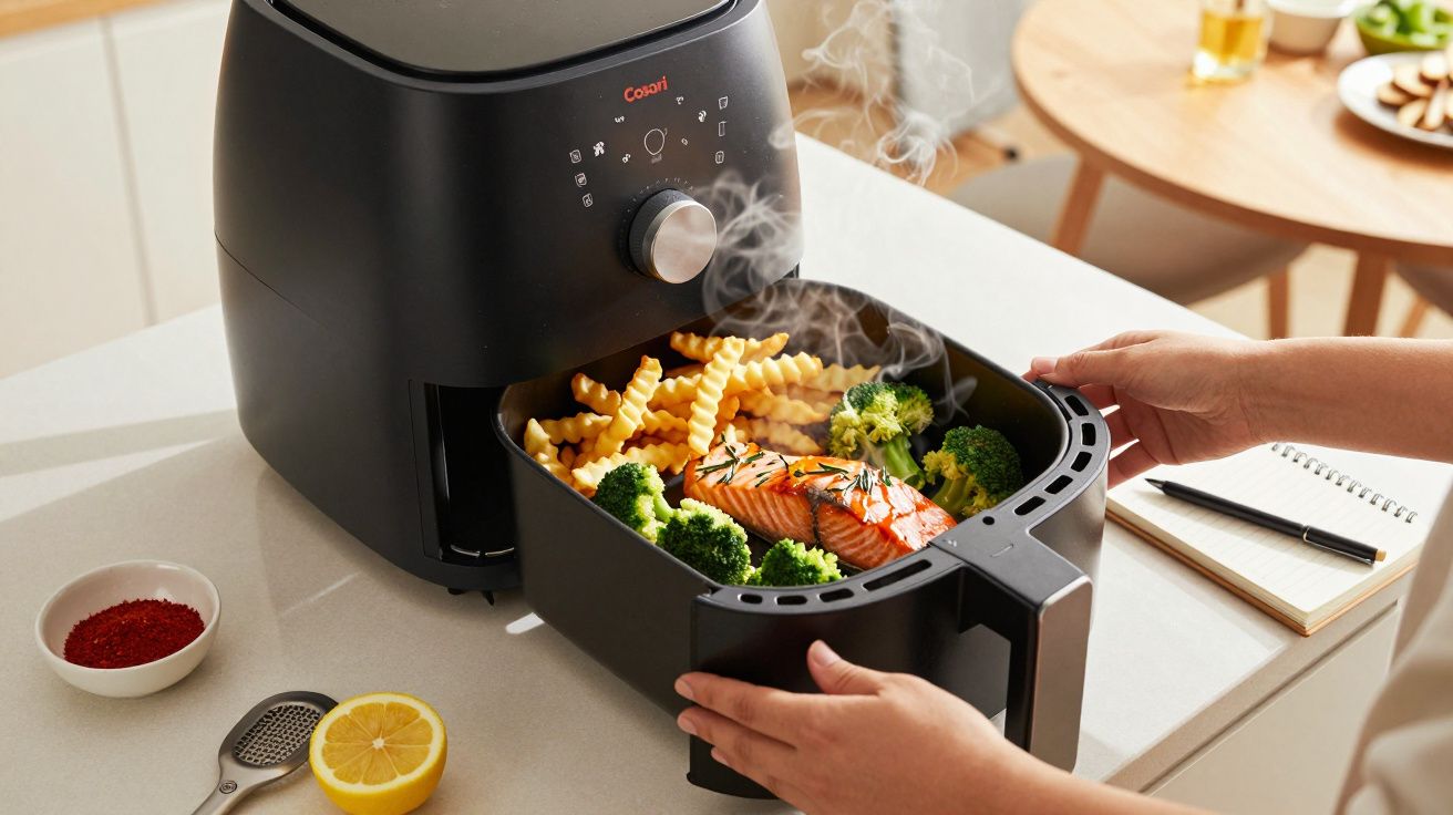 Pessoa retira tabuleiro da airfryer com salmão, batatas fritas e brócolos.