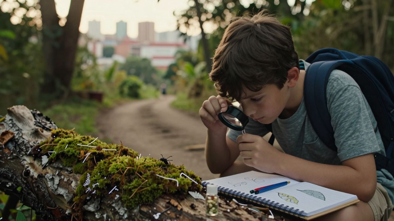 Menino observa tronco com lupa e caderno, rodeado por vegetação, numa trilha no bosque.