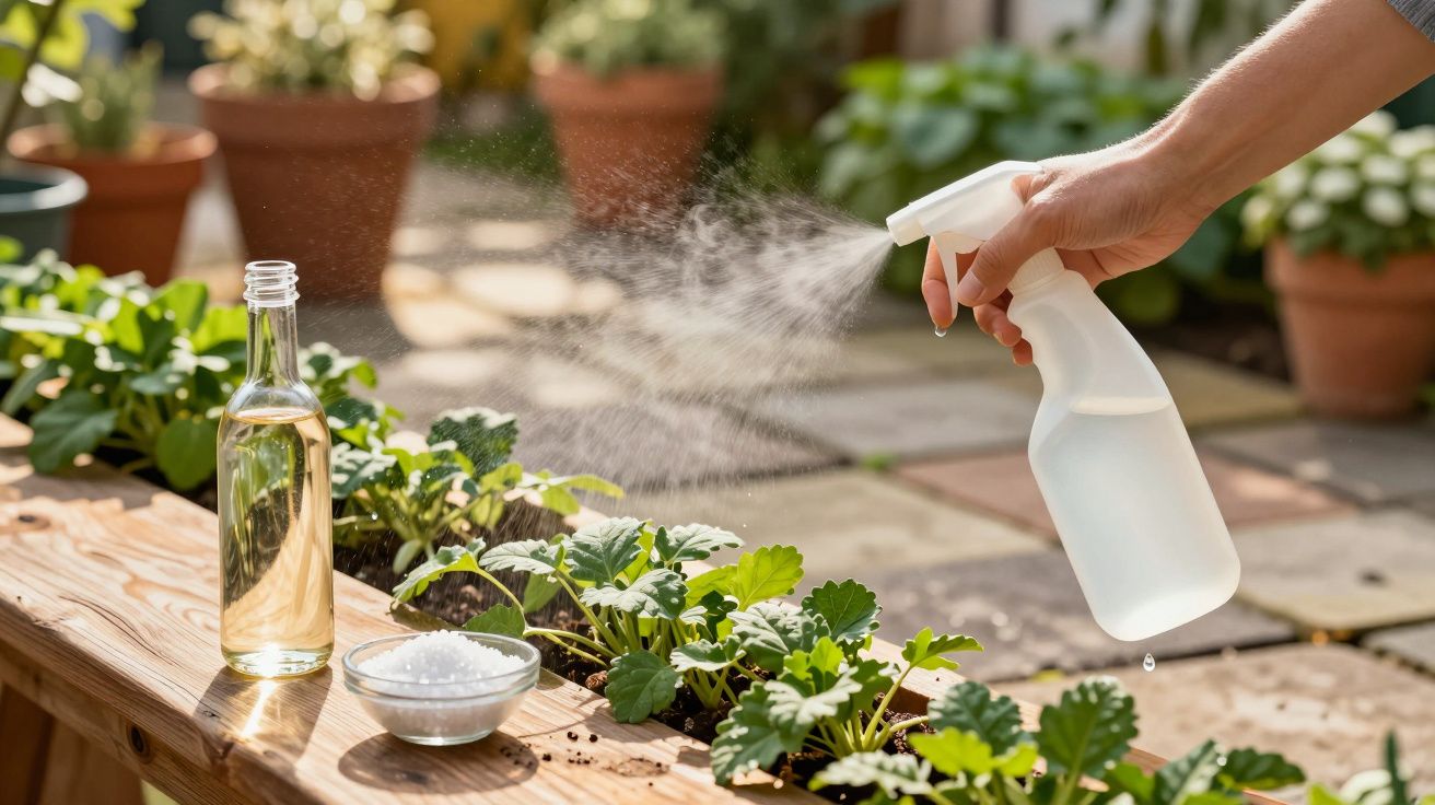 Mão borrifa água em plantas numa mesa de madeira, com recipientes ao lado.