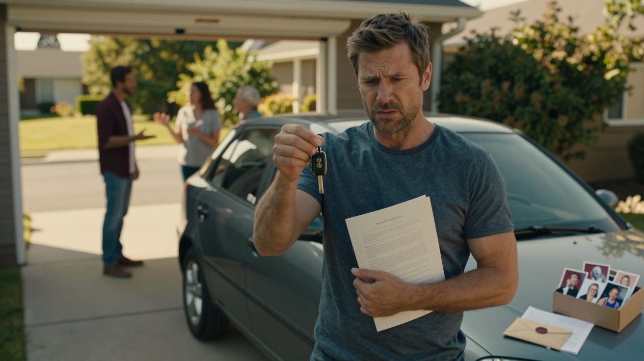 Homem segurando chave de carro e documentos em frente de casa e carro; grupo conversando ao fundo.