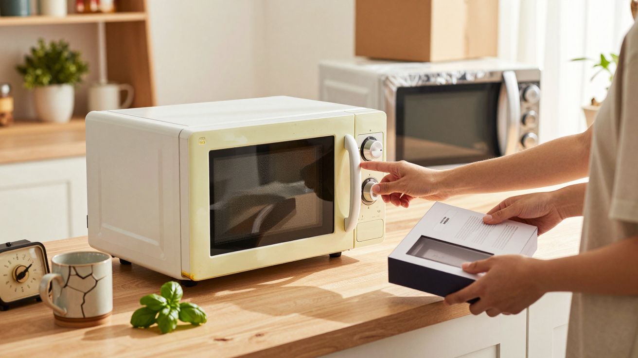Pessoa ajusta temporizador de micro-ondas branco numa cozinha clara enquanto segura um manual.