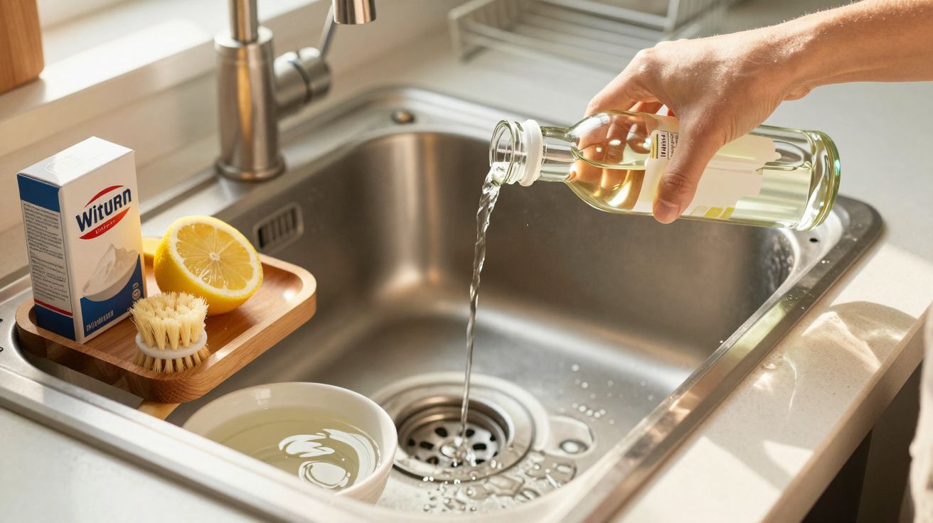 Mão a despejar líquido na pia, com limão, escova e bicarbonato ao lado.