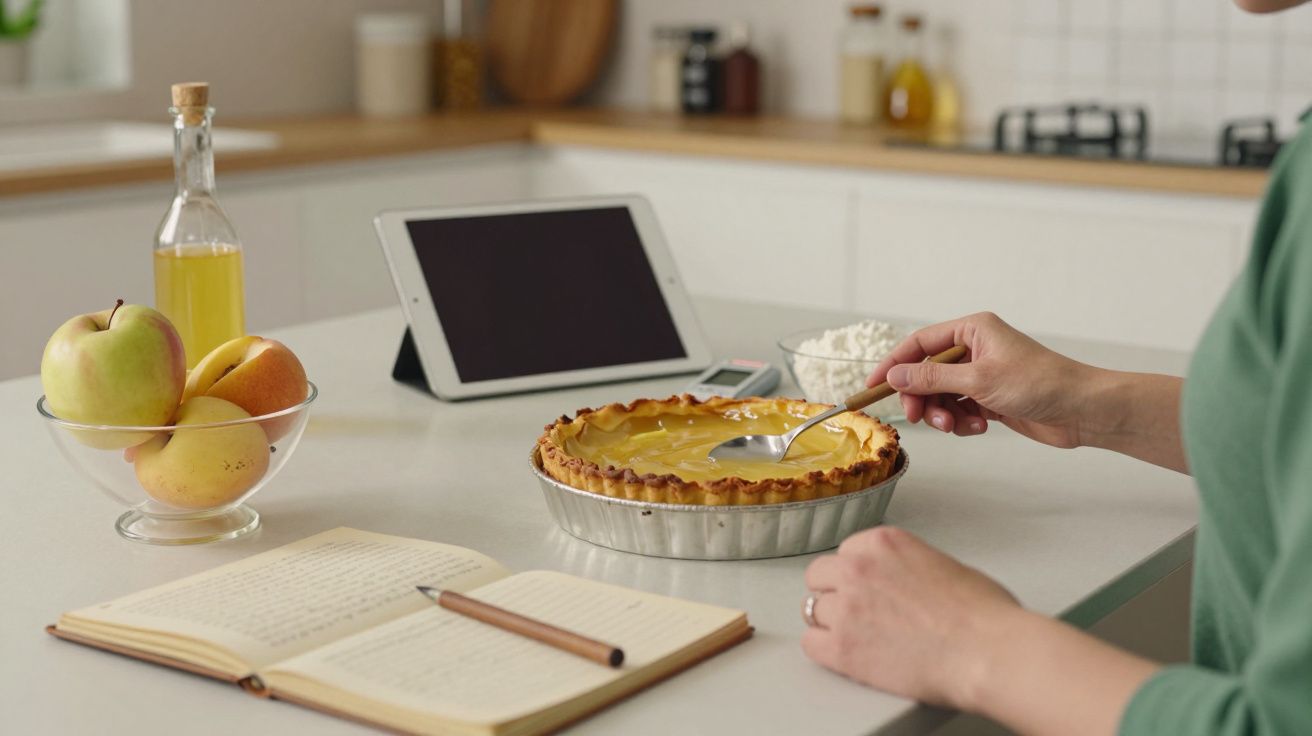 Pessoa preparando tarte com tablet e livro de receitas numa cozinha moderna.
