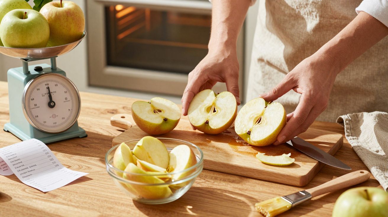 Pessoa corta maçã em tábua de madeira, com balança e tigela de maçãs ao lado, forno ao fundo.
