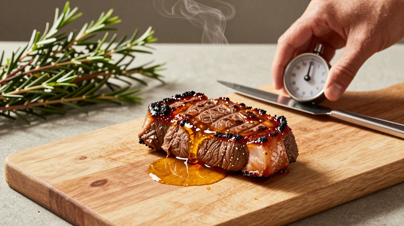 Pessoa a medir temperatura de carne grelhada suculenta numa tábua de madeira, com ramos de alecrim ao lado.