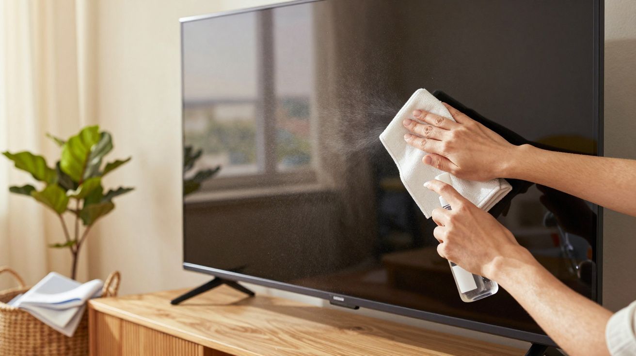 Pessoa limpa o ecrã de uma televisão grande com um pano, num ambiente doméstico iluminado.