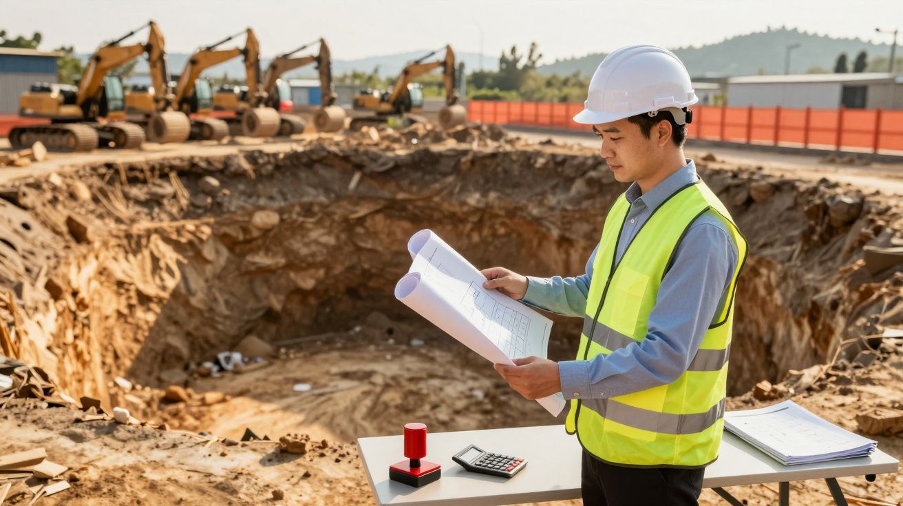 Engenheiro com capacete e colete analisa planos de construção, com escavadoras ao fundo numa obra de terraplanagem.