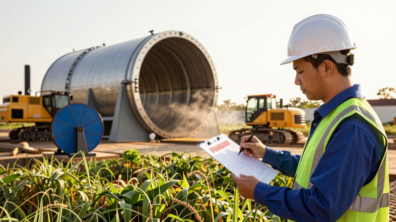 Funcionário de capacete e colete escreve em prancheta próximo a grandes tubulações e maquinário pesado ao ar livre.