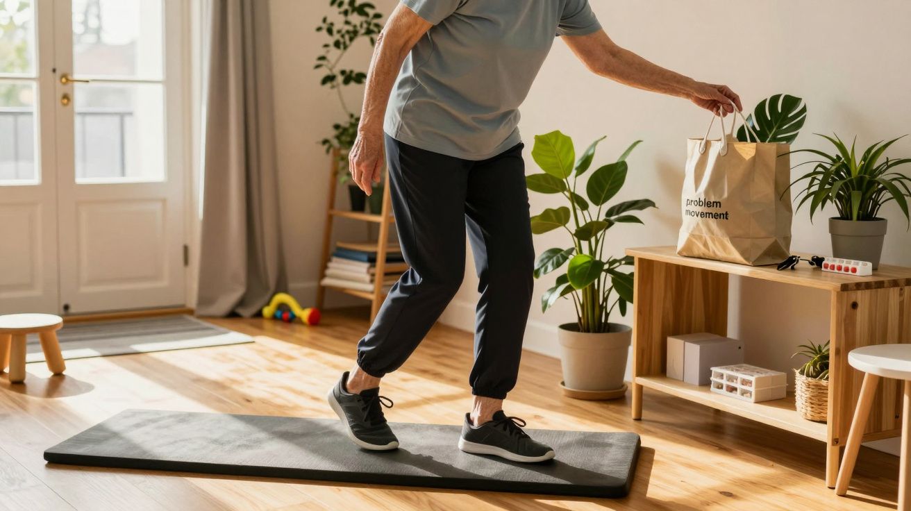 Homem de meia-idade a fazer exercício em casa, segurando um saco, cercado por plantas e mobília de madeira.