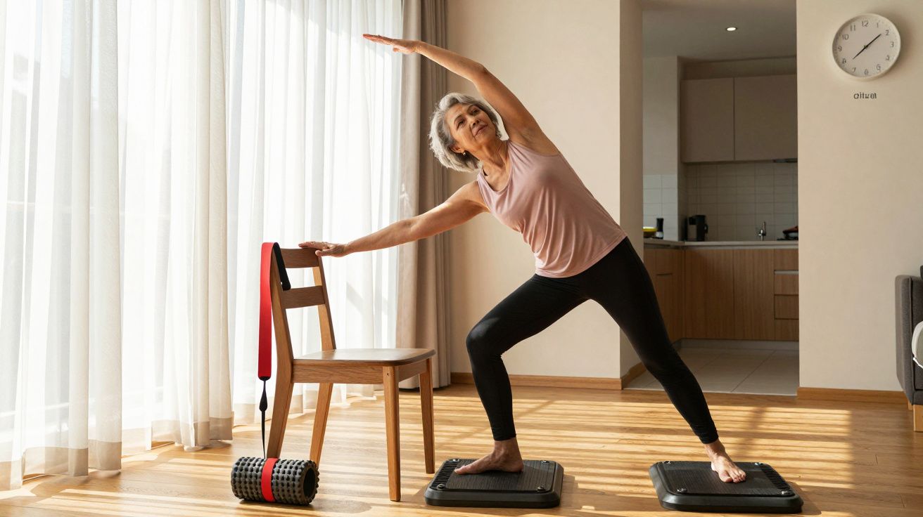 Mulher idosa faz alongamento lateral em casa, usando cadeira para apoio. Fundo com sala iluminada por luz natural.