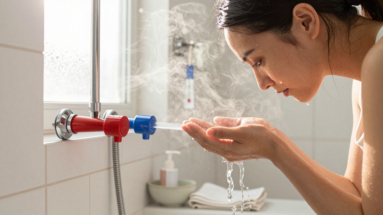 Mulher testando temperatura da água com mãos sob torneira com vapor visível, numa casa de banho iluminada.