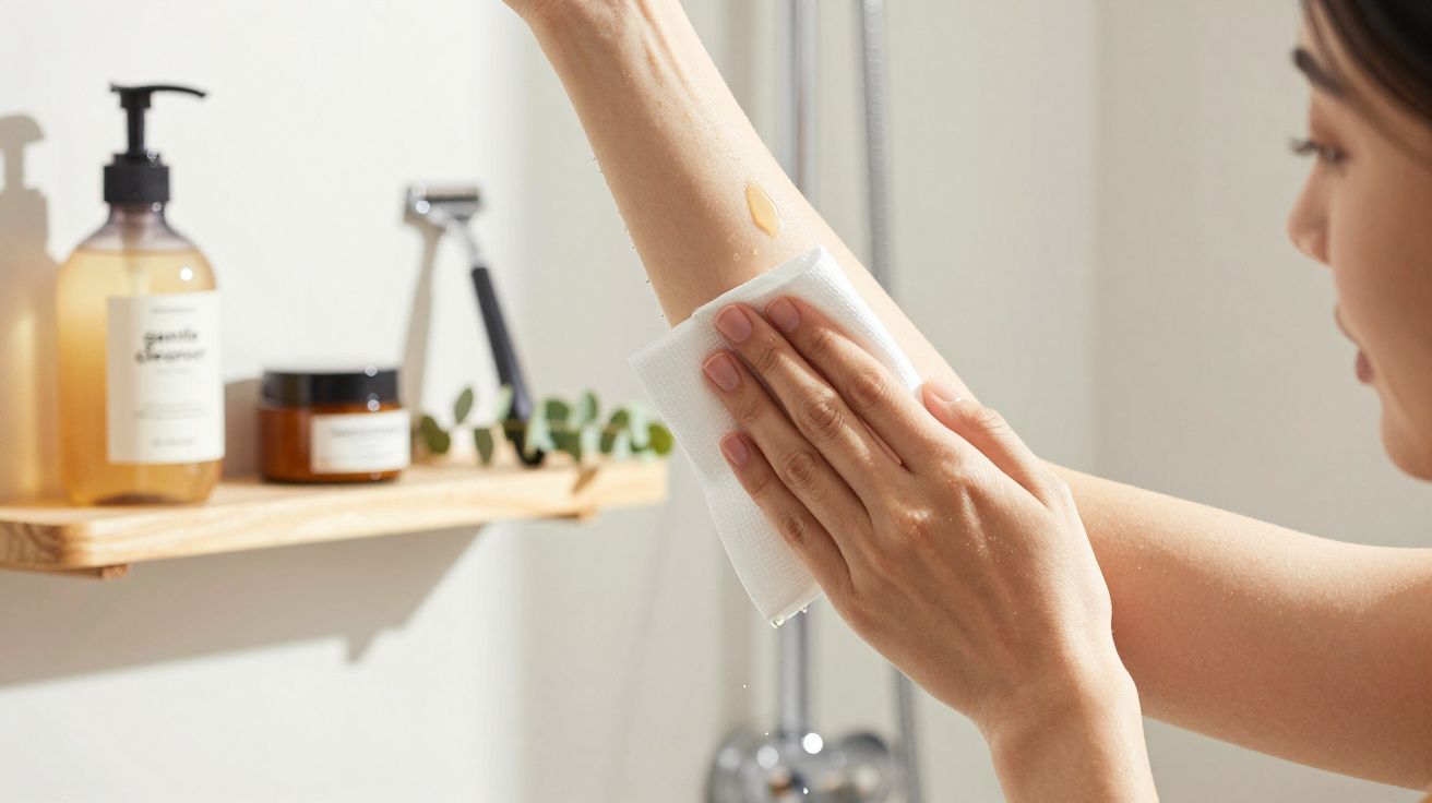 Mulher a aplicar creme no braço com toalha, prateleira com produtos de cuidado pessoal ao fundo.