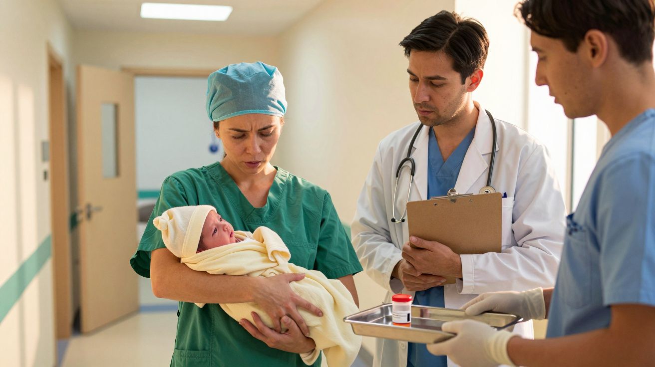 Médica com bebé ao colo, acompanhada por dois profissionais de saúde num corredor de hospital.