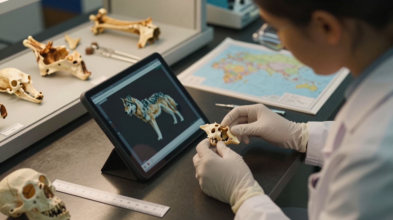 Pessoa analisa crânio de lobo, comparando com imagem digital num tablet, em laboratório. Mapa mundial ao fundo.