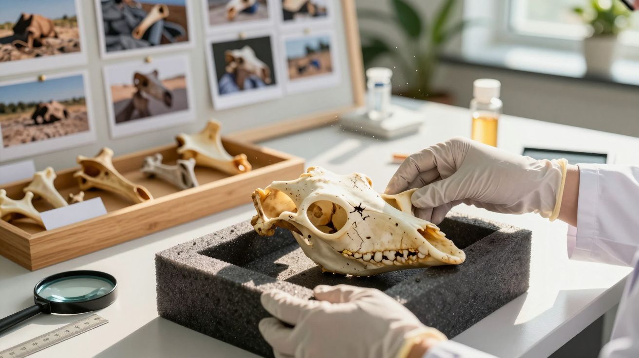 Cientista examina crânio de animal em laboratório, com luvas; moldura com fotos de ossos ao fundo.