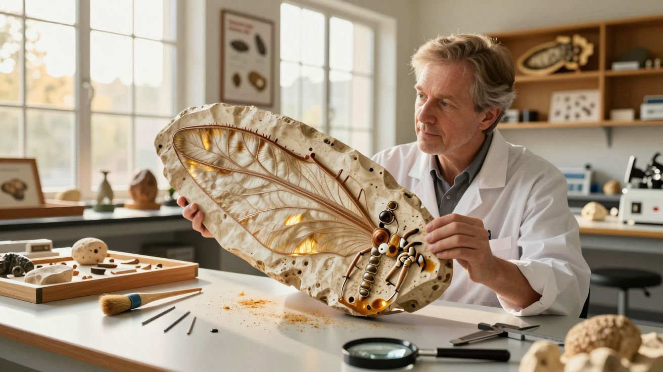 Homem em laboratório observa escultura de asas de inseto detalhada, segurando-a atentamente sobre a mesa de trabalho.