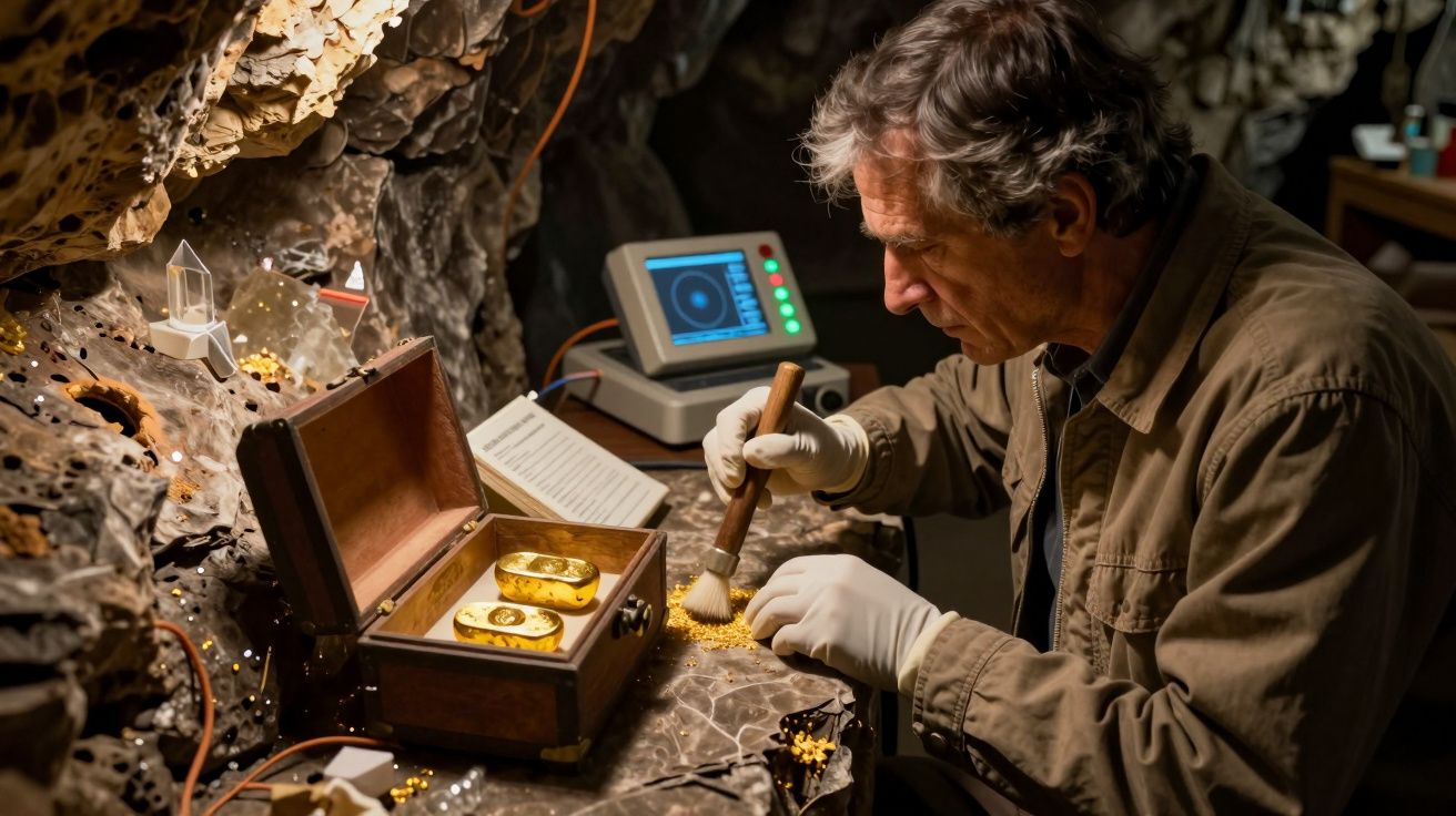 Homem examina barras de ouro numa gruta, com pinceis e equipamento de análise ao lado.
