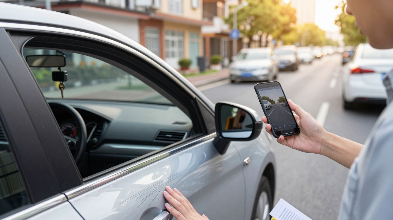 Pessoa fotografa carro cinzento estacionado numa rua com smartphone.