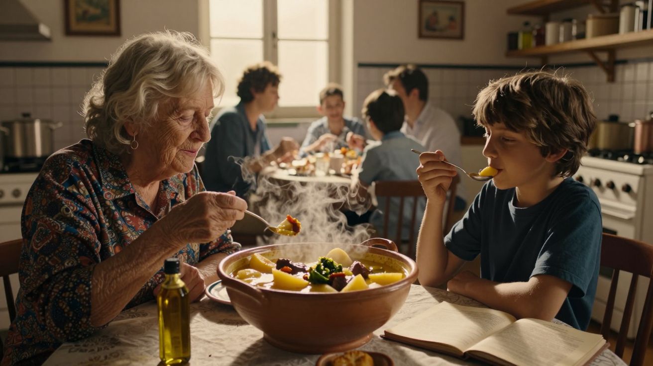 Idosa e criança a tomar sopa juntos numa cozinha, com uma família ao fundo à mesa.