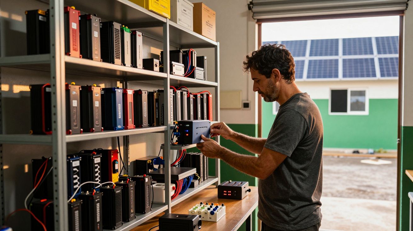 Homem trabalhando em oficina com baterias solares e painéis solares visíveis pela janela.