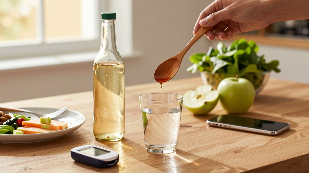 Mão segurando colher de mel sobre copo de água, junto a maçã, garrafa, smartphone e prato de legumes numa mesa.