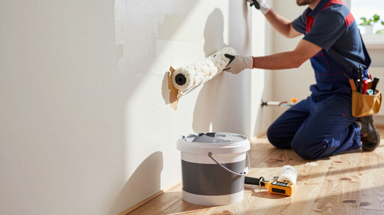 Homem a pintar parede branca com rolo. Balde de tinta no chão e ferramentas no cinto.