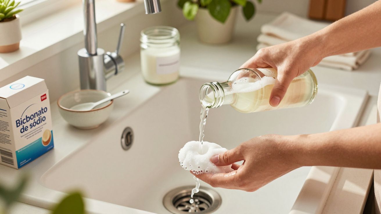 Pessoa despeja solução de limpeza em esponja sobre pia com bicarbonato de sódio ao lado.