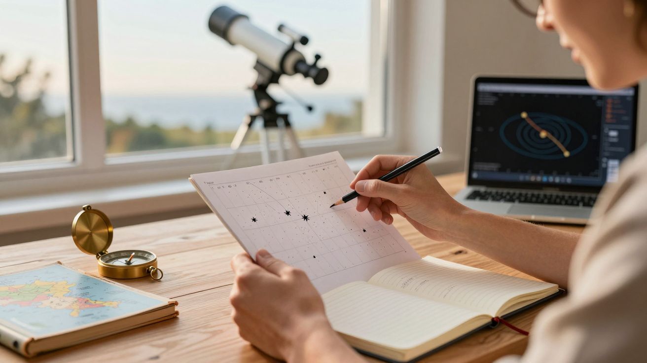 Pessoa faz anotações em gráfico de estrelas, com telescópio e computador atrás, num espaço de estudo iluminado.