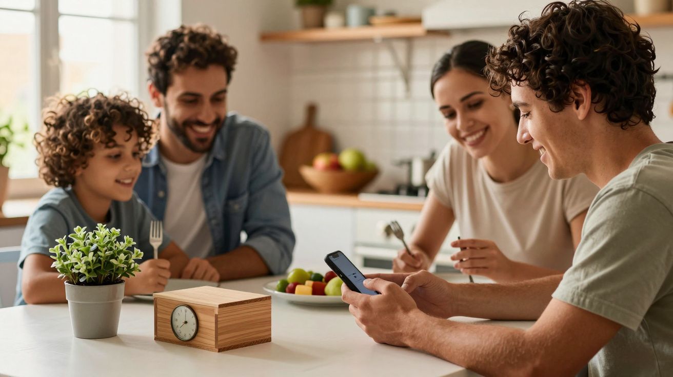 Família à mesa na cozinha, comendo fruta. Jovem à frente usa smartphone, sorrindo para os outros. Planta e relógio na mesa.