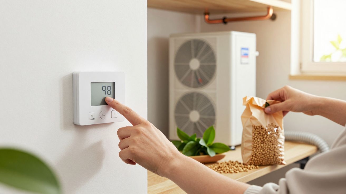 Pessoa ajusta termostato digital perto de uma máquina enquanto segura saco de pellets.