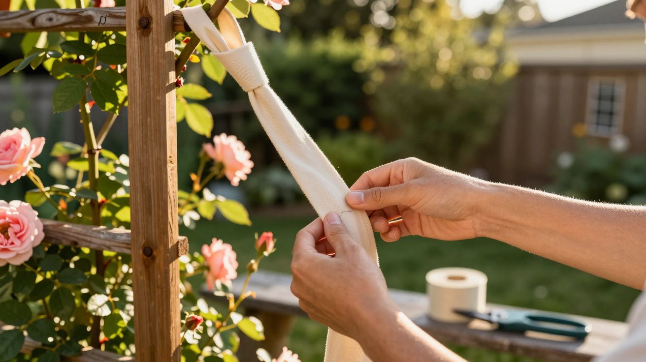 Pessoa amarra fita branca em treliça de madeira com rosas num jardim ensolarado. Tesoura e fita extra ao fundo.