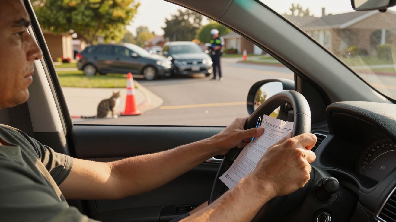 Condutor dentro do carro segura uma multa; polícia e cones numa rua com um gato e carros estacionados ao fundo.