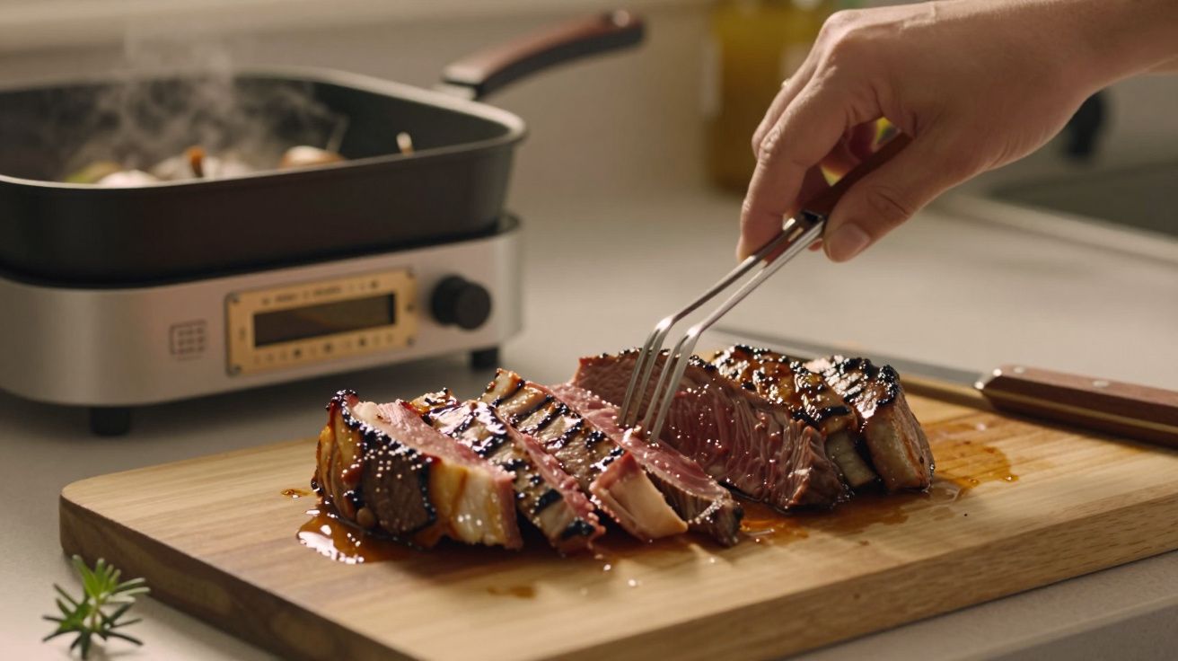 Mão cortando carne grelhada numa tábua de madeira, com uma frigideira no fundo.
