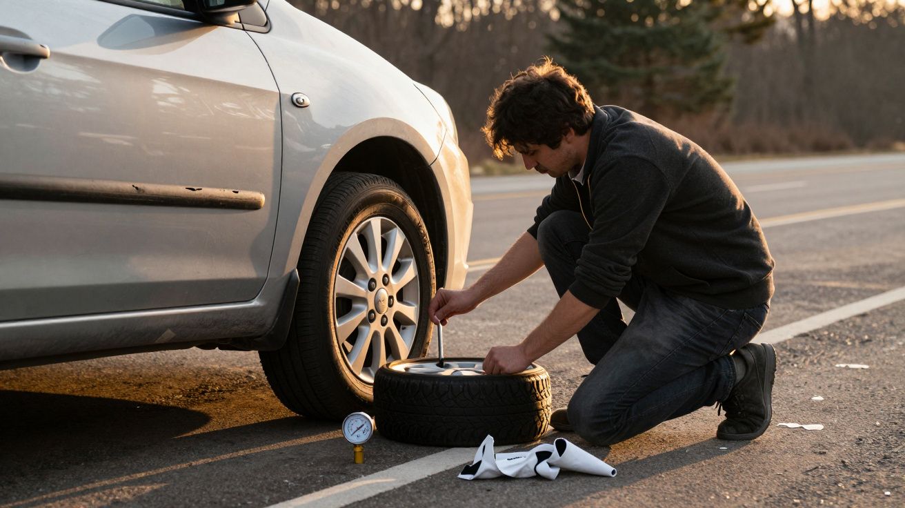 Homem troca pneu de carro parado na berma da estrada, com pneu sobresselente e ferramentas no chão.