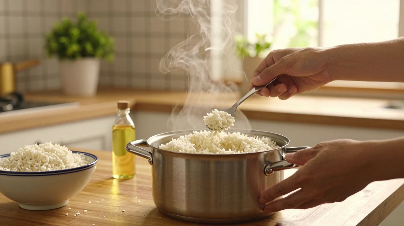 Mãos servem arroz quente de uma panela de aço inoxidável, com vapor a subir, em cozinha bem iluminada.
